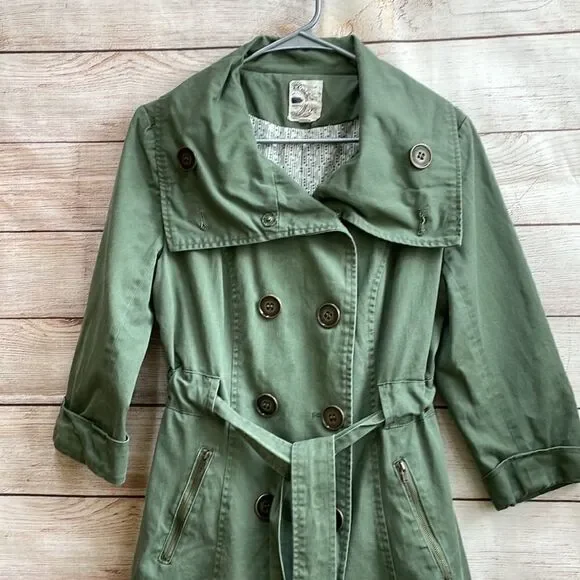 ANTHROPOLOGIE TULLE DOUBLE BREASTED TRENCH COAT IN OLIVE GREEN - Picture 2 of 8